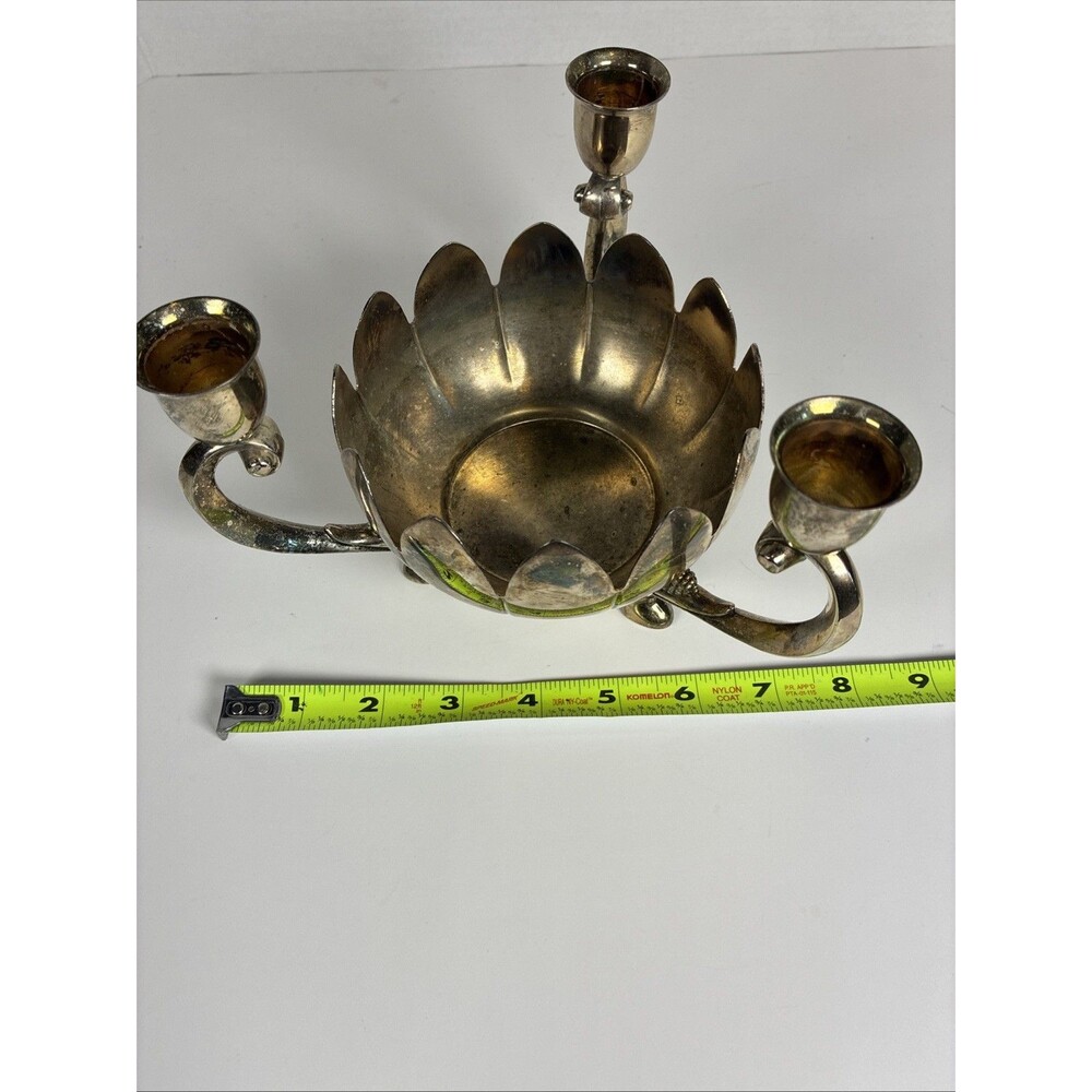 Vintage Silver Plated Lotus Flower Bowl 3-Candle Holder - Picture 7 of 7